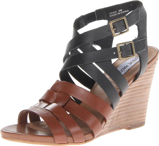 Steve Madden Women's Venis Cognac/Black Wedge Heel Sandals